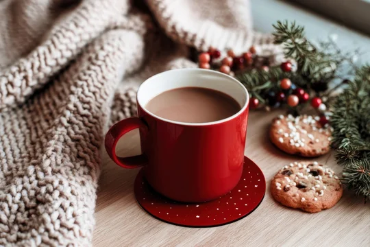 Christmas themed coaster with warm drink and sweet cookies