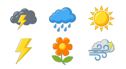 Obraz premium Weather icons show different meteorological conditions like sun, clouds, rain, lightning, and wind.