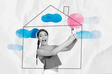 Full 3d art pop image collage of happy girl hold phone home icon relocation new settlement purchase refugee travel concept