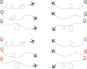 Airplane Route and Flight Path Icon Set. Travel Logistics and Destination Tracking Symbols. Journey Planning symbol. airplane flight route dotted line