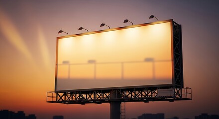 Stunning billboard blank canvas under vibrant sunset sky, perfect for advertising campaigns and marketing strategies in urban landscapes at dusk