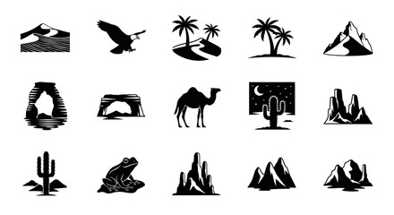 Obraz premium Collection of black and white desert landscape icons with mountains, animals, and plants.
