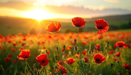 Fototapeta premium Vibrant Field of Red Poppies at Sunset With Golden Sun Rays Shining Through the Green Stems and Blurred Meadow Background
