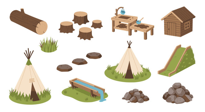 Various elements are presented for creating a natural playground or playscape for children in an.