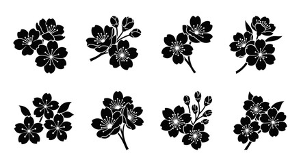A collection of stylized cherry blossom branches are arranged in a simple monochrome palette.