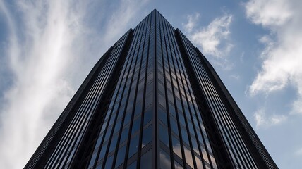 Fototapeta premium Modern skyscraper reaching towards a cloudy sky