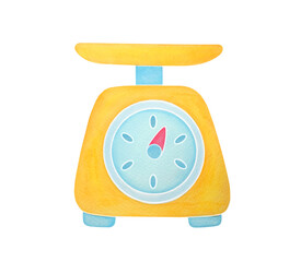 yellow kitchen scales. cute watercolor illustration isolated on transparent background, clip art and cut out element design