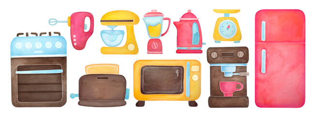 Watercolor Illustration set of kitchen stuff. Professional Household Electric Appliance collection. cute hand drawn illustrations isolated on transparent background, clip art, cut out element design