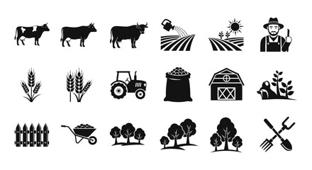 Set of black and white agriculture icons featuring farmer, farm animals, and equipment for.