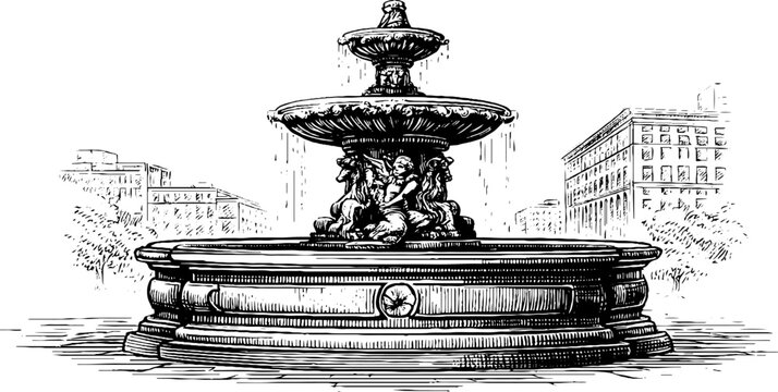 Classical fountain with cherub sculpture and bas reliefs - vintage engraving for retro design