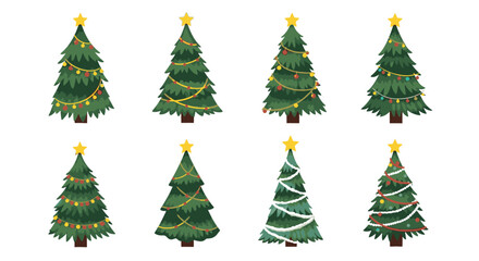 Obraz premium Collection of decorated Christmas trees with festive lights and star toppers, isolated on a white.
