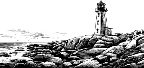 Fototapeta premium Vintage lighthouse on rocky coastline engraving for nautical theme and coastal decor