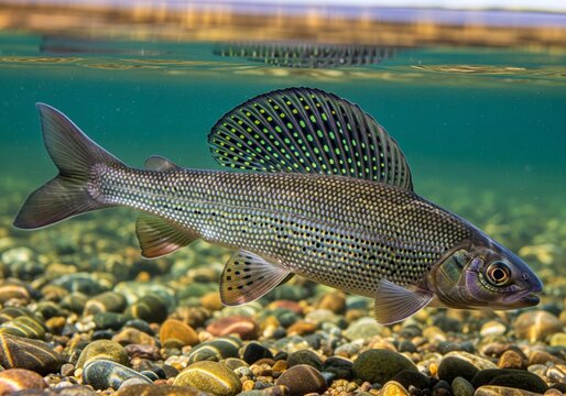 grayling fish live in river and lake water, swimming freely in the water