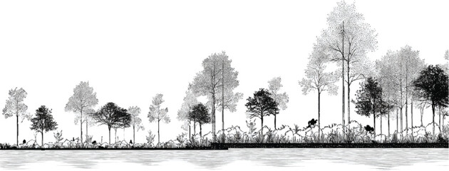 Black and white line drawing of a forest edge with trees and water nature river