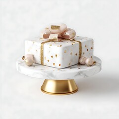 Elegant white gift cake with golden ribbon isolated on white background