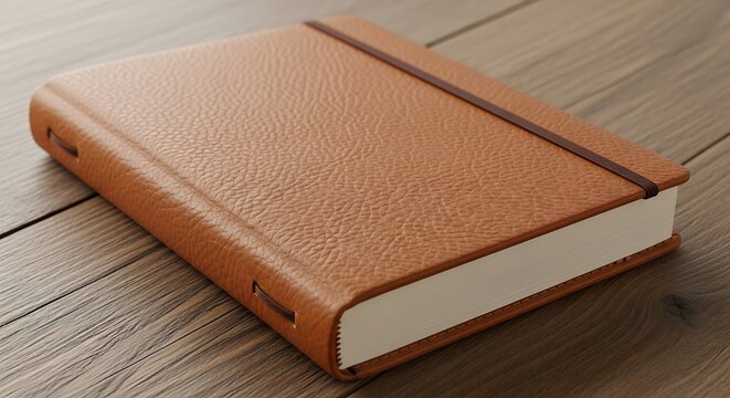 Personalized leather journal on rustic wooden desk in close-up view