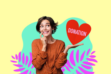 Collage of young woman man toward donation jar with hearts symbolizing charity blood donor day volunteer support