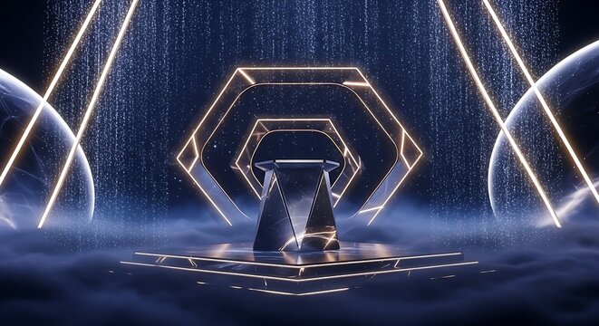 Futuristic stage with geometric lighting and glowing spheres - Powered by Adobe