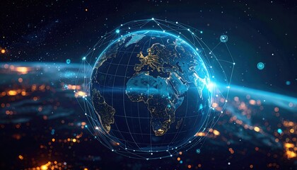 Digital Earth with glowing global network connections and city lights from space.