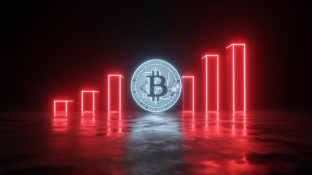 Bitcoin Symbol Surrounded by Neon Red Bars Indicating Financial Growth on a Dark Reflective Surface cryptocurrency