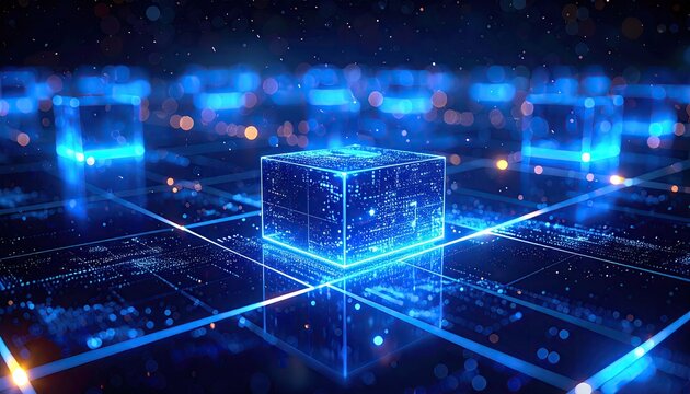 Futuristic digital network with glowing blue cubes and interconnected data lines.