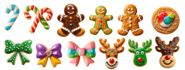 Delicious cookies in the shape of a candy, a bow, a person, a deer head, or a bird with icing on a transparent background