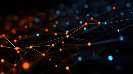 A vibrant abstract representation of interconnected nodes, highlighting a network of data with blue and orange glowing elements against a dark background.