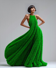 Elegant woman in a flowing, textured green gown exuding creativity and sophistication. A fusion of fashion, art, and design captured in a modern studio setting that radiates confidence and innovation.