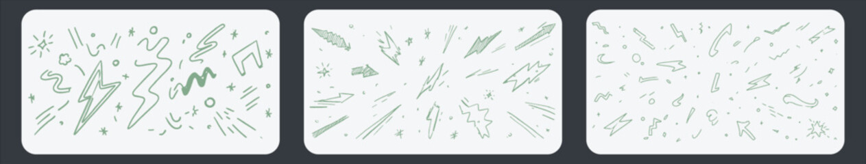 Green hand drawn lightning bolts stars and abstract shapes on white background vector