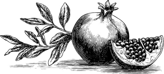 Vintage engraving of pomegranate with leaves and half fruit for retro design and decoration