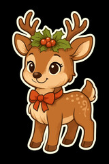 Obraz premium Adorable Cartoon Reindeer with Holly and Red Bow, Cute Christmas Character Illustration