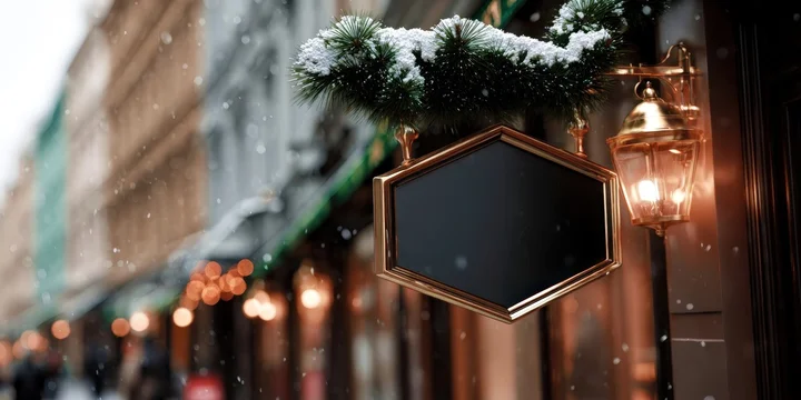 Snowy outdoor store sign with warm Christmas holiday mood