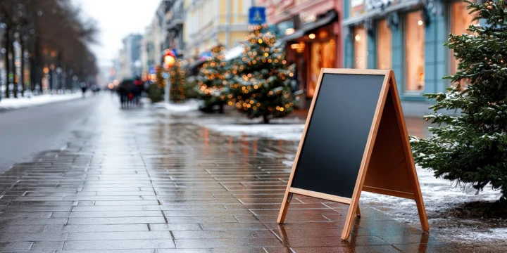 Holiday storefront sign mockup in cozy festive city atmosphere