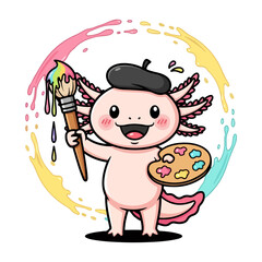 Cute Painter Axolotl Wearing Beret Holding Brush and Color Palette Vector Illustration