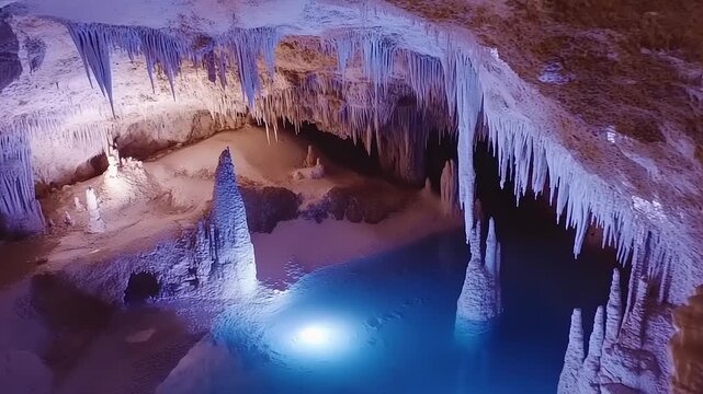 Subterranean cavern featuring illuminated pool and numerous mineral formations
