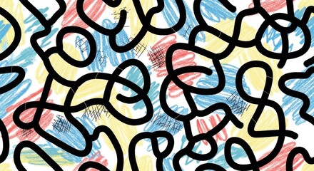 Vibrant chaotic seamless pattern featuring intertwined shapes with bold lines