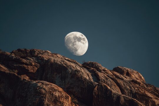 A large, gibbous moon hangs low in the twilight sky above a rugged, dark reddish-brown rock formation. The scene is minimalistic and serene,.