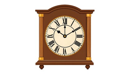 A detailed illustration of an antique clock with Roman numerals, brown wood, and a creamy face