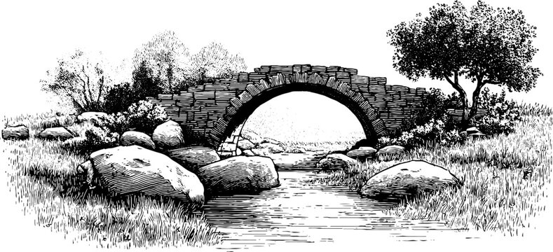 Vintage engraving of stone arch bridge over stream in tranquil landscape for retro design