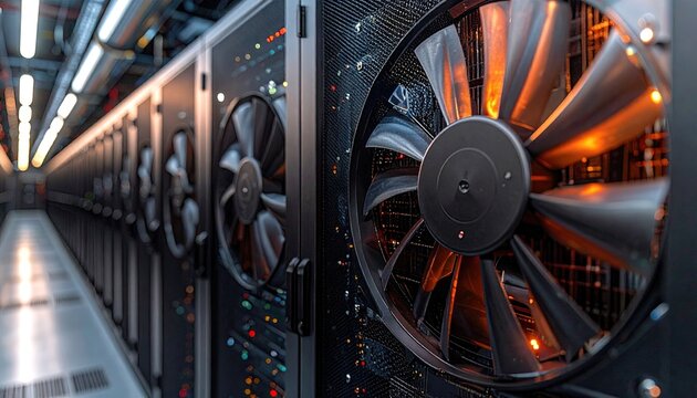 Spinning Server Fans in a Dimly Lit Data Center with Orange Glow.