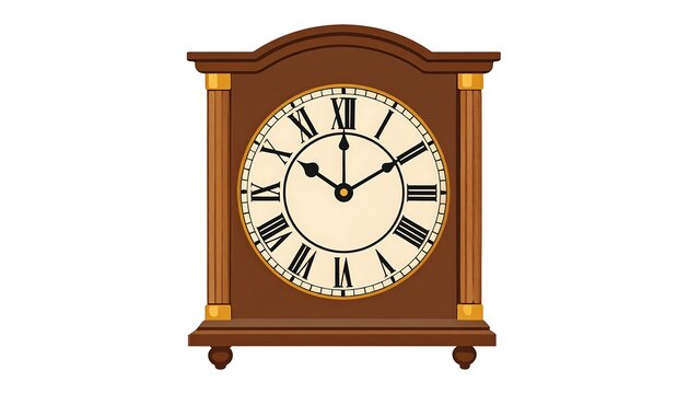 A detailed illustration of an antique clock with Roman numerals, brown wood, and a creamy face