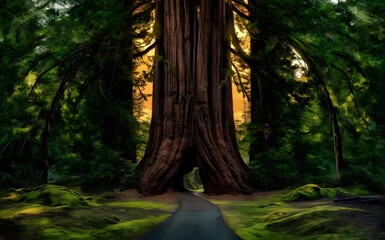 Obraz premium Redwood, Majestic Giant Sequoia Tree with Tunnel in Redwood Forest, Calif