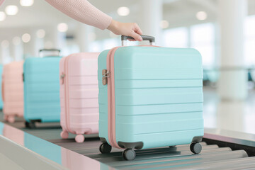 a woman placing her suitcase on the conveyor belt at the airport