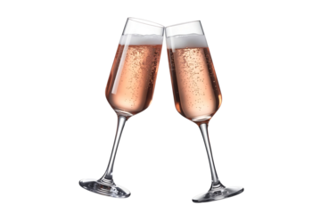 Two glasses of pink champagne toasting isolated on transparent background for celebration