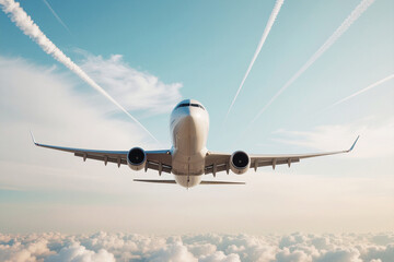 a plane flying in the sky among the contrails of airplanes