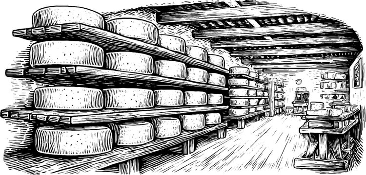 Traditional cheese cellar with stacked wheels for retro culinary design and decoration