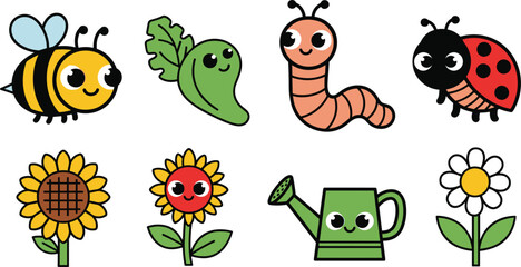 Obraz premium Cute Cartoon Garden Insects, Flowers, and Watering Can Vector Illustration Set
