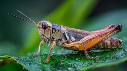 Close-up of a Vibrant Grasshopper Resting on a Leaf with Rain Drops Reflecting Natural Beauty and Intricate Details of Insect Anatomy