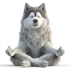 Obraz premium A fluffy gray and white husky dog sits cross legged with eyes closed in a meditative yoga pose
