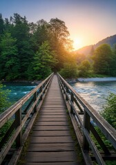 Tranquil sunrise crossing: A wooden bridge spanning a gentle river, leading to serene forests